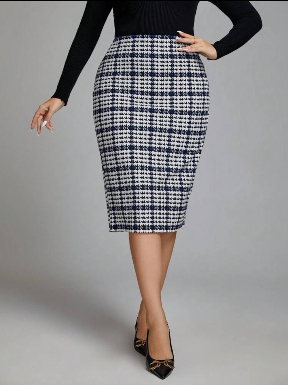 Classic Navy, Black and White Houndstooth Pencil Skirt Knee Length Plus Size 16